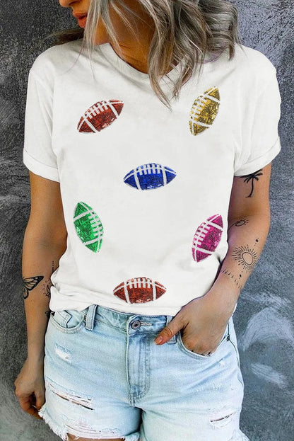 Sequin Football Round Neck Short Sleeve T-Shirt.