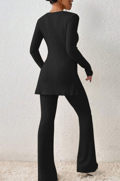 Ribbed Long Sleeve Slit Top and Bootcut Pants Set.