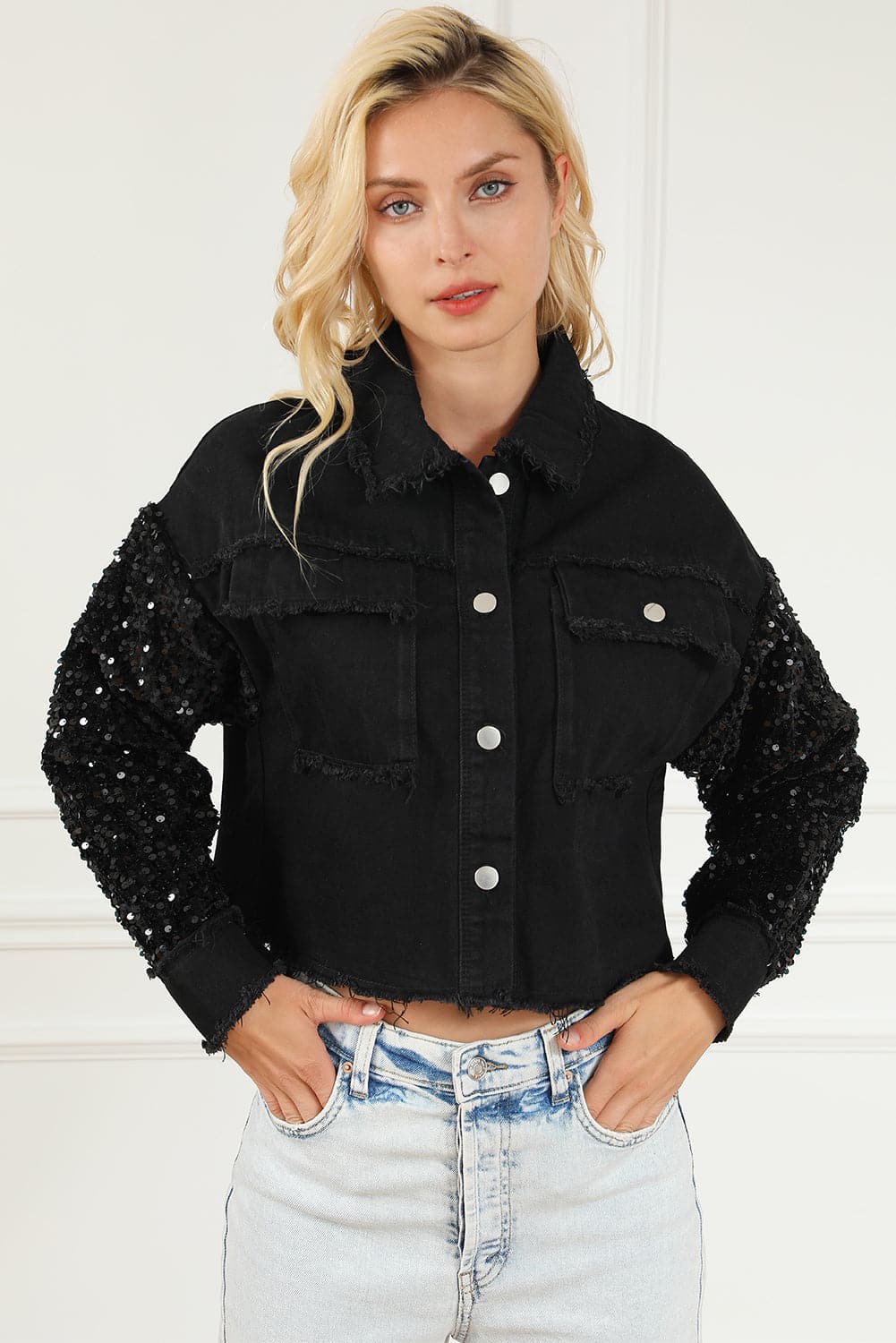 Sequin Button Up Raw Hem Denim Jacket.