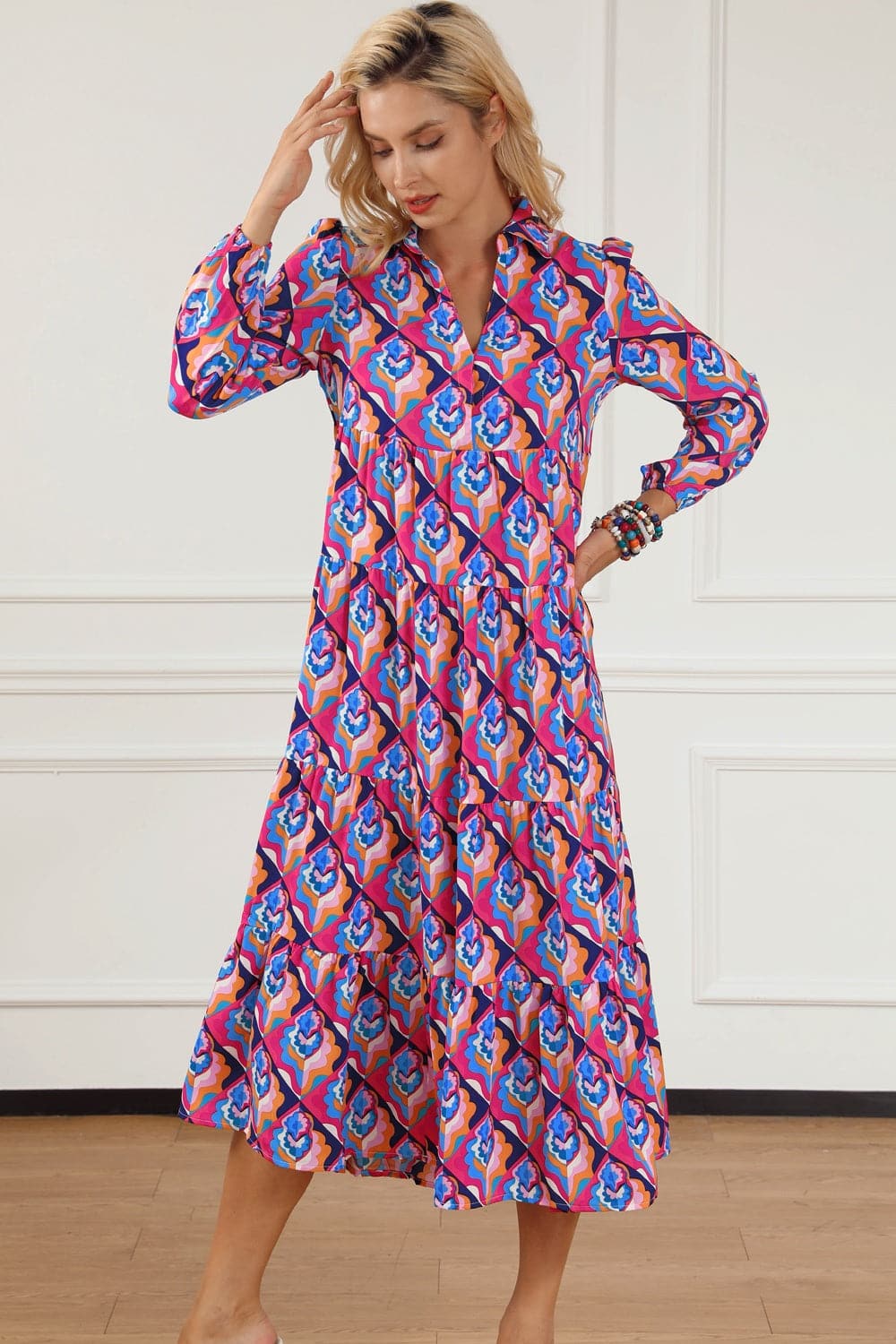 Printed Collared Neck Long Sleeve Midi Dress.