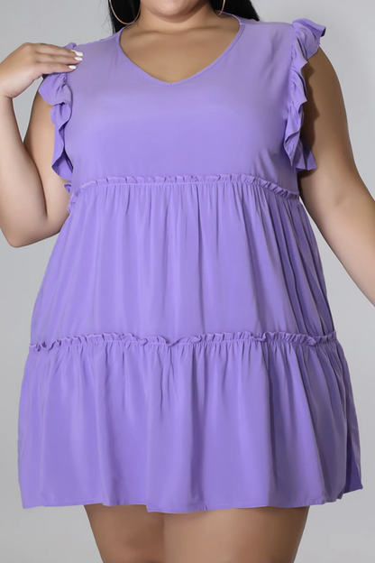 Plus Size V-Neck Frill Trim Mini Dress.