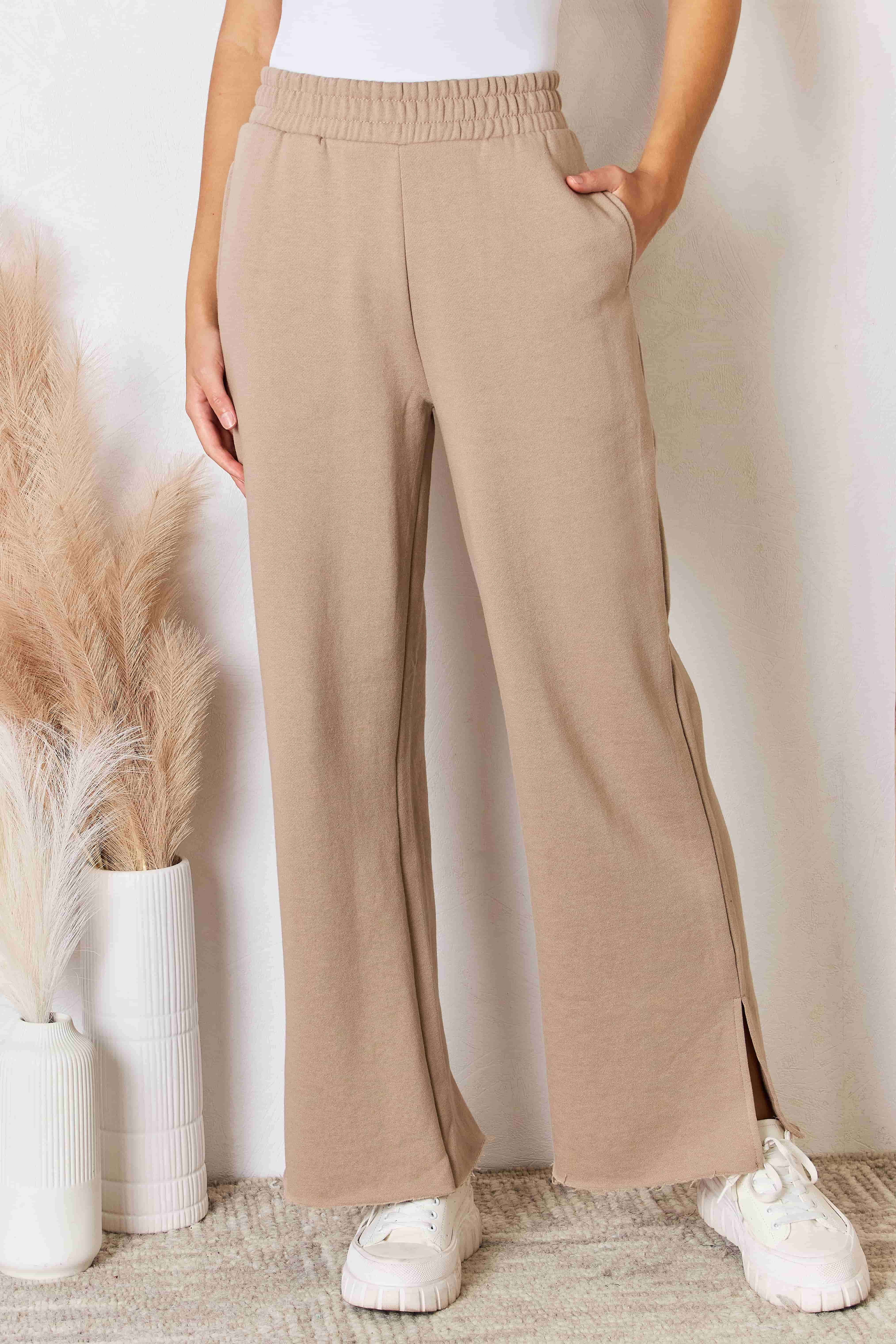 RISEN Wide Waistband Slit Wide Leg Pants.