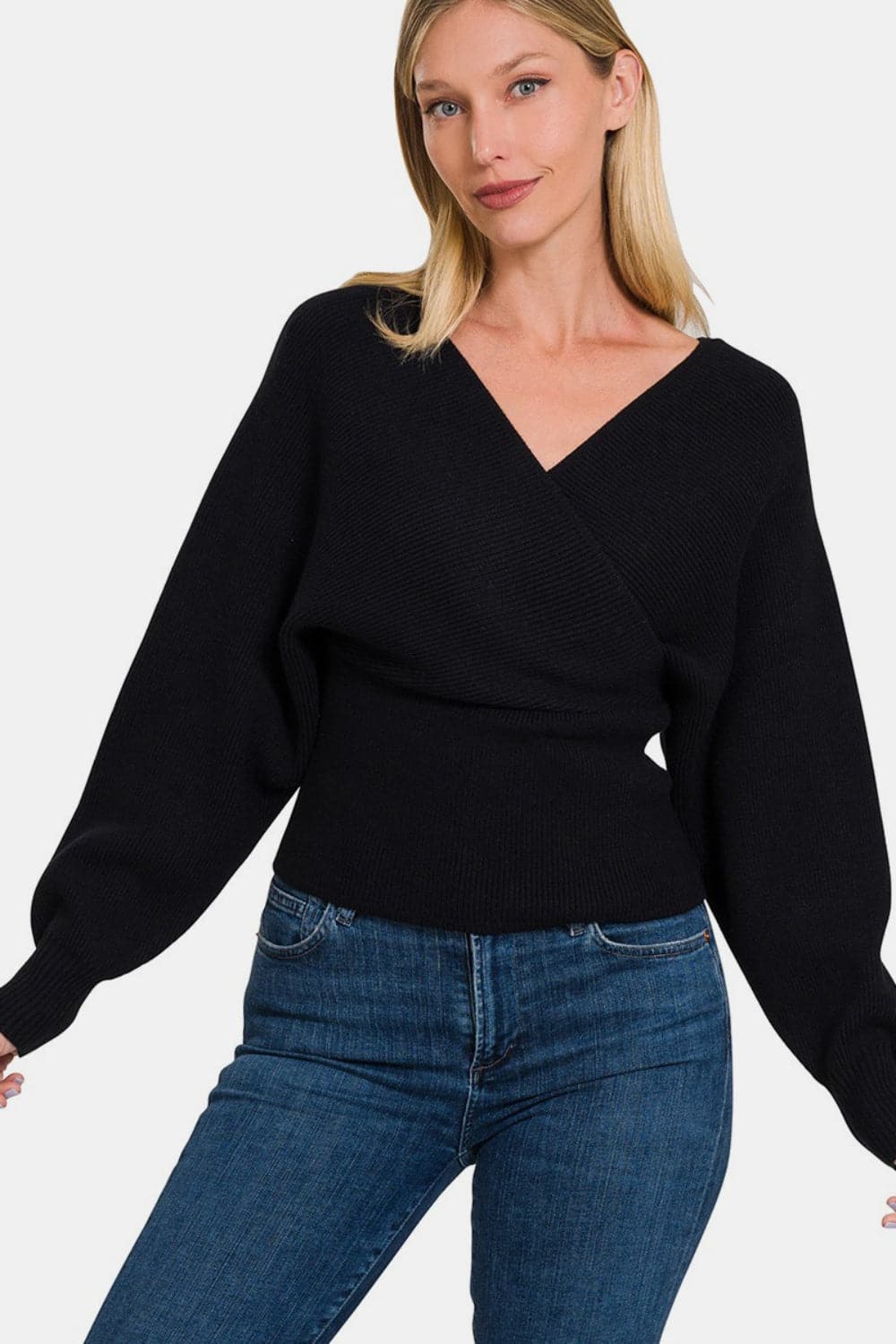 Chic cross wrap ribbed long sleeve pullover sweater