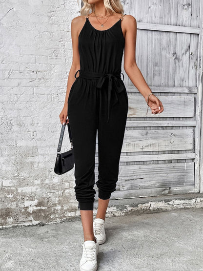 Scoop Neck Tie Waist Jumpsuit.