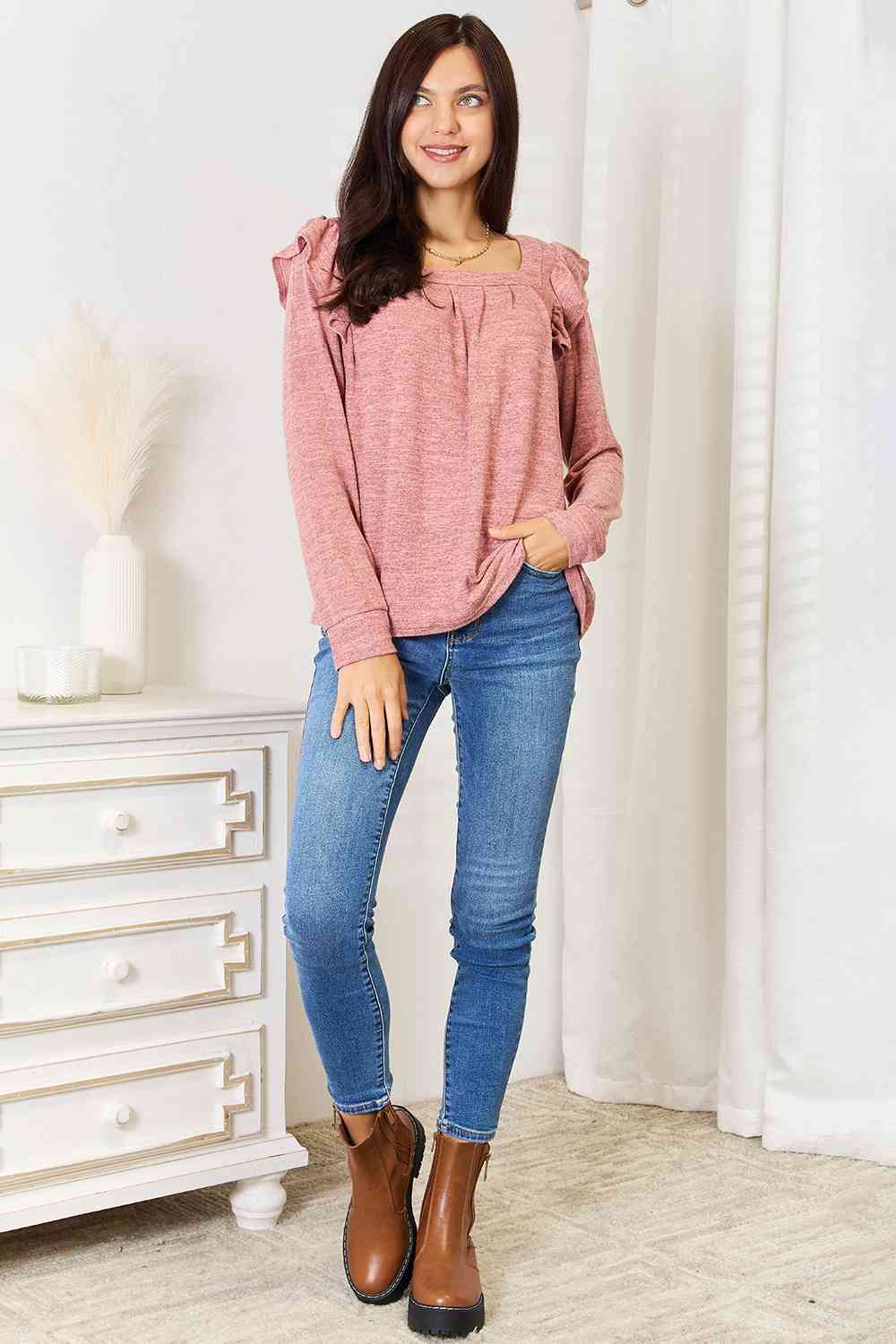 Double Take Square Neck Ruffle Shoulder Long Sleeve T-Shirt - Love Salve