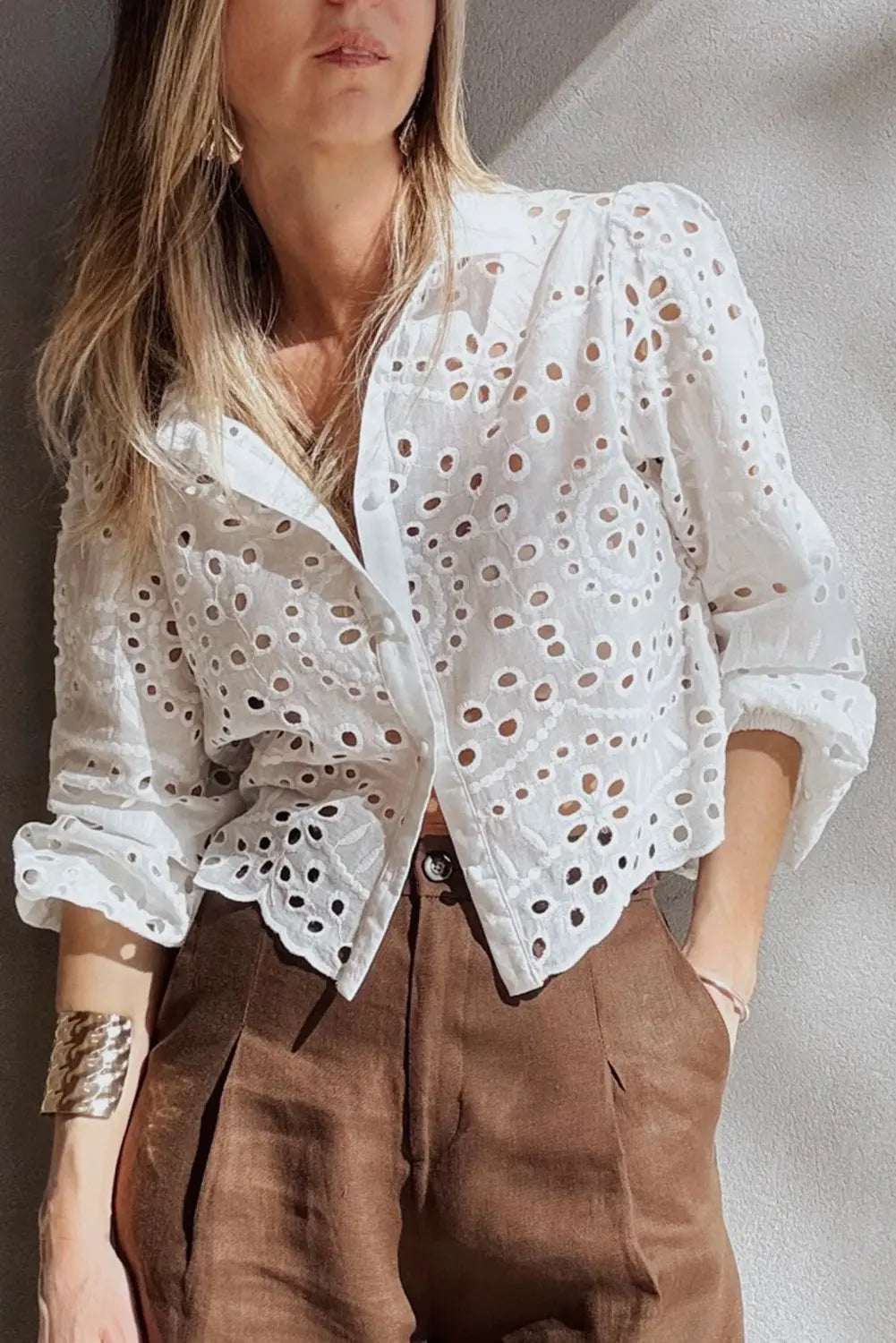 White Eyelet Embroidered Puff Sleeve Cropped Shirt For Women Dear-Lover Dropshipping