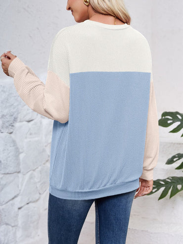 Color Block Round Neck Long Sleeve Sweatshirt.