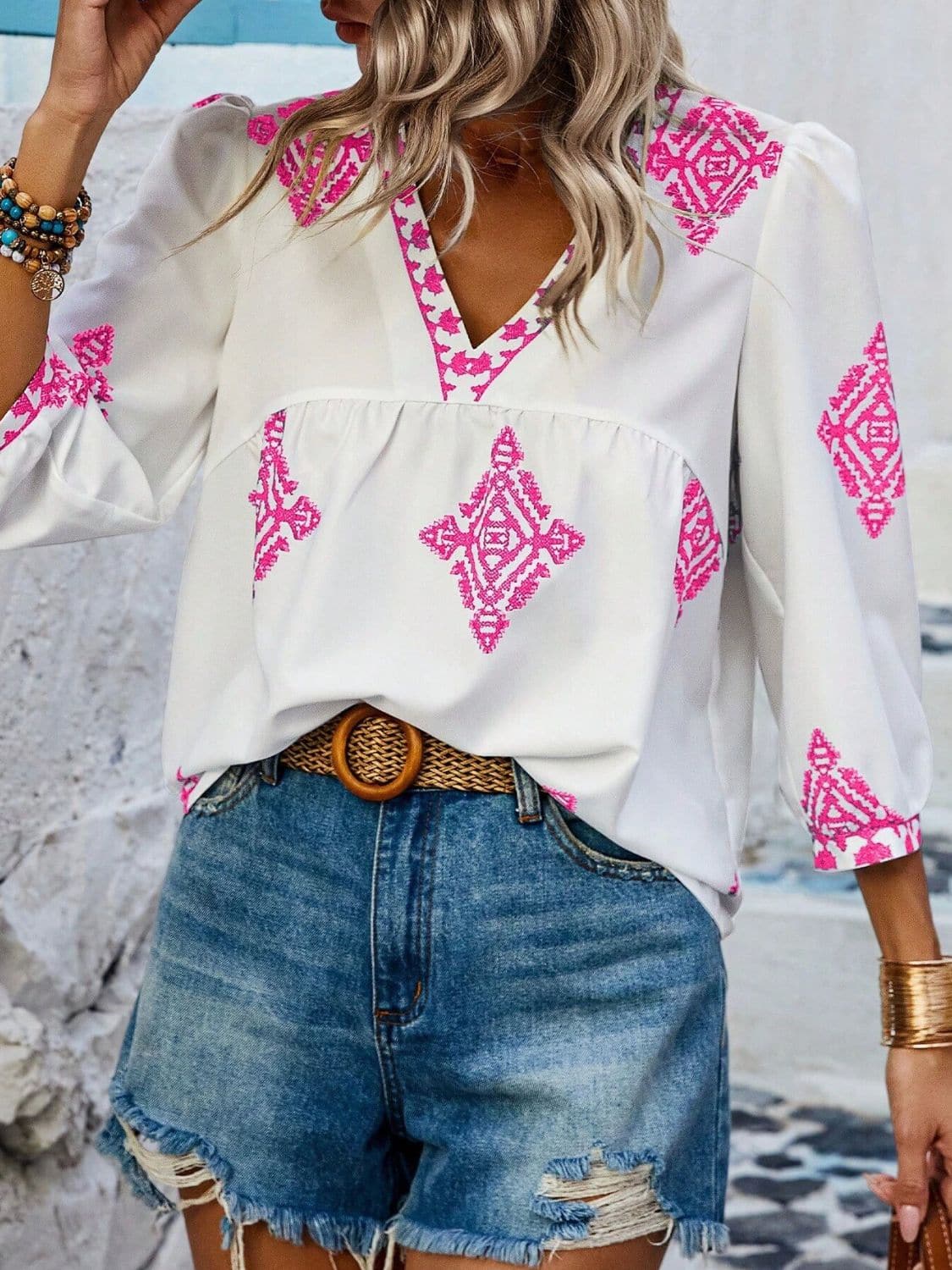 Printed V-Neck Three-Quarter Sleeve Blouse.