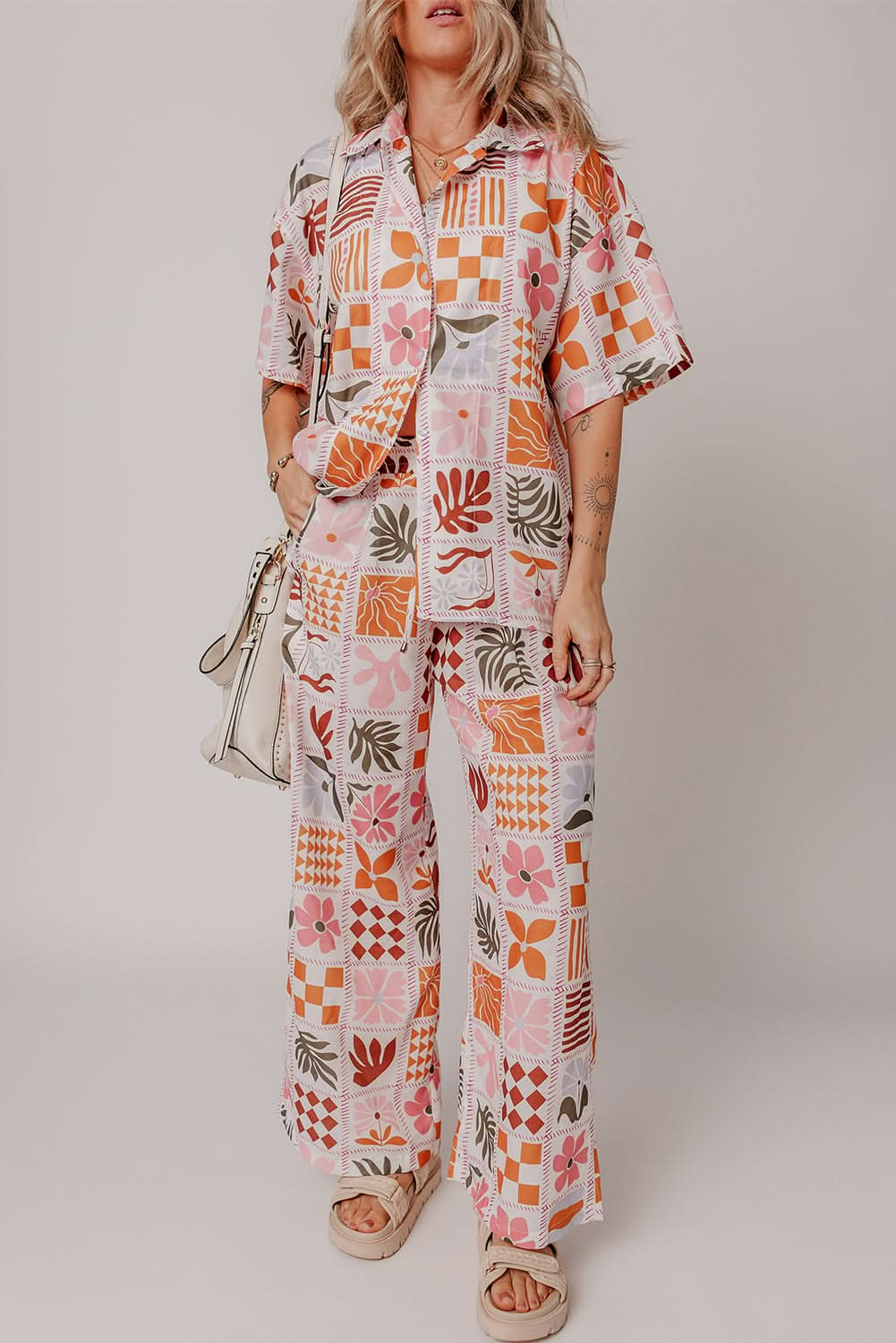 Trendy Orange Checkered Print Collared Shirt and Relaxed Wide Leg Pants Ensemble