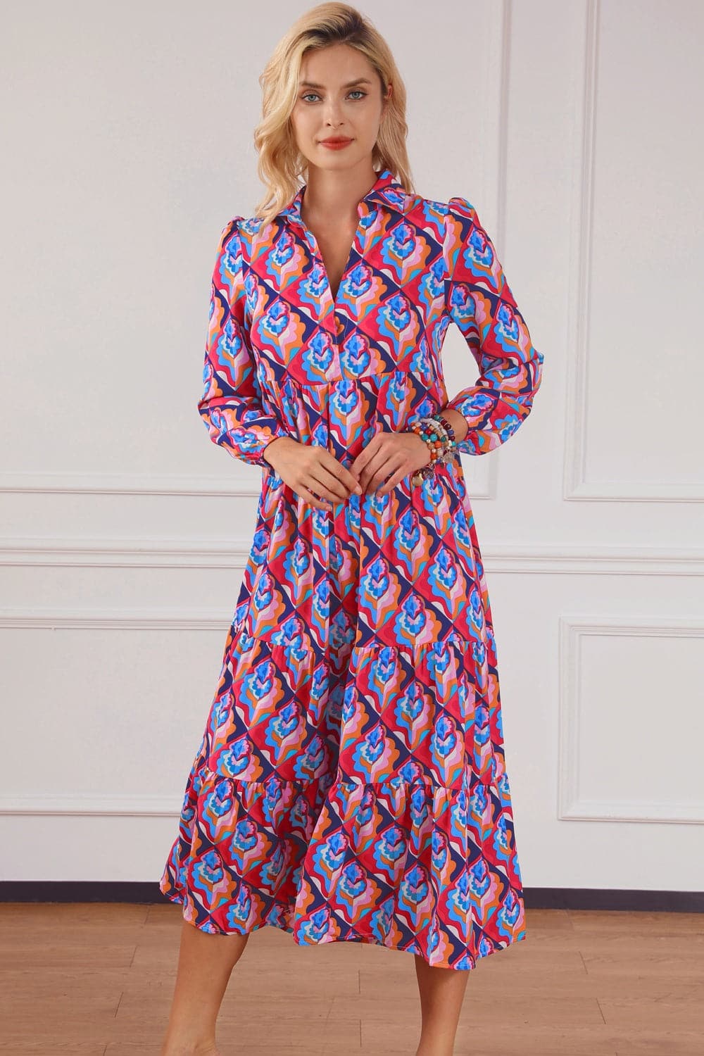 Printed Collared Neck Long Sleeve Midi Dress.