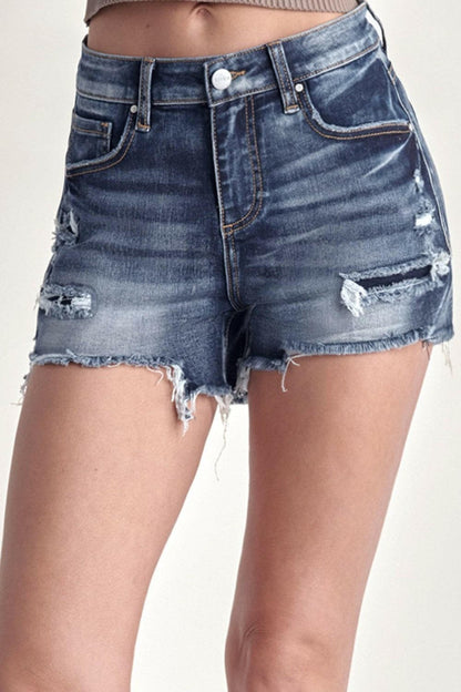 RISEN Mid Rise Raw Hem Denim Shorts.