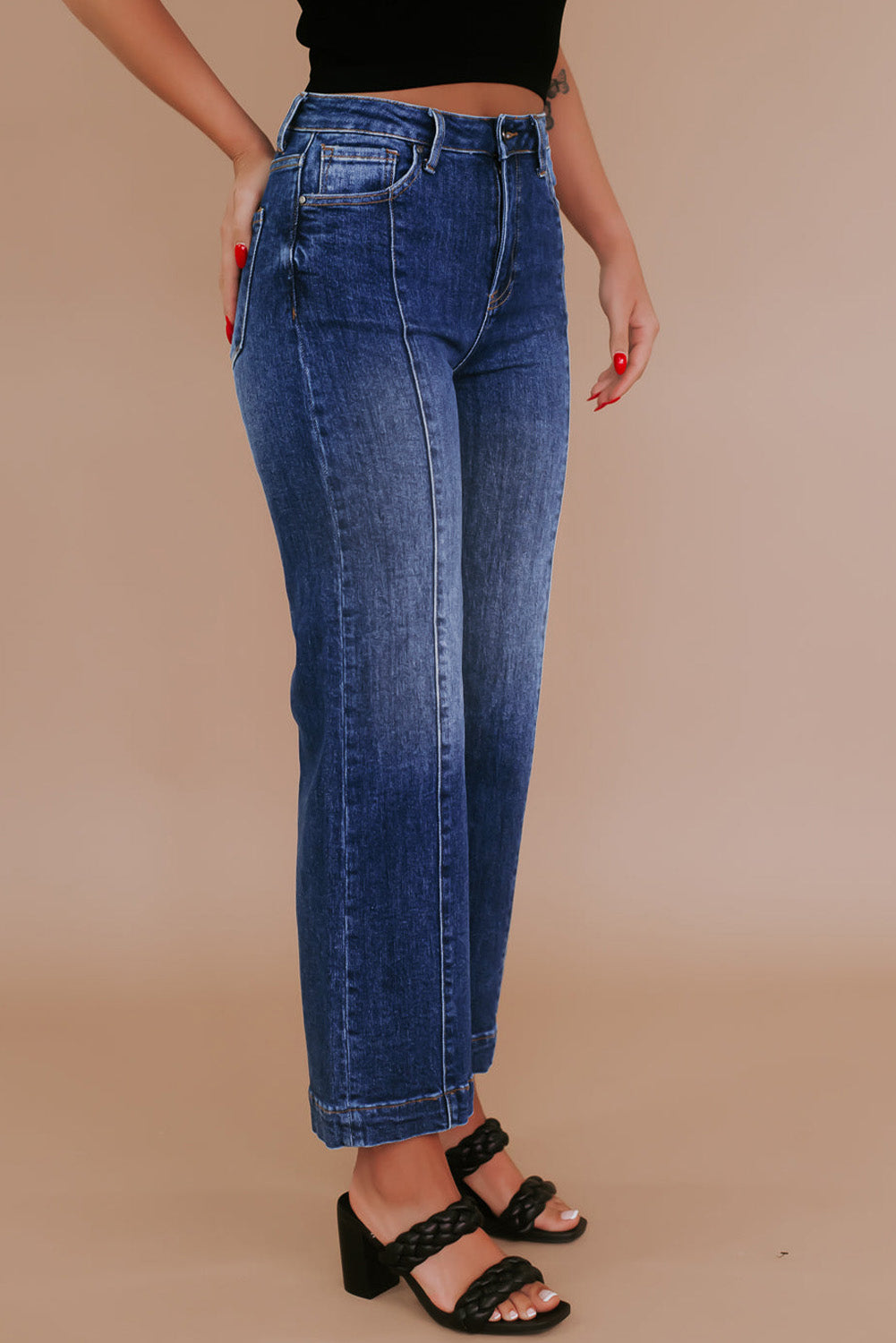 Trendy navy blue plus size high waist wide-leg jeans with seamed detailing