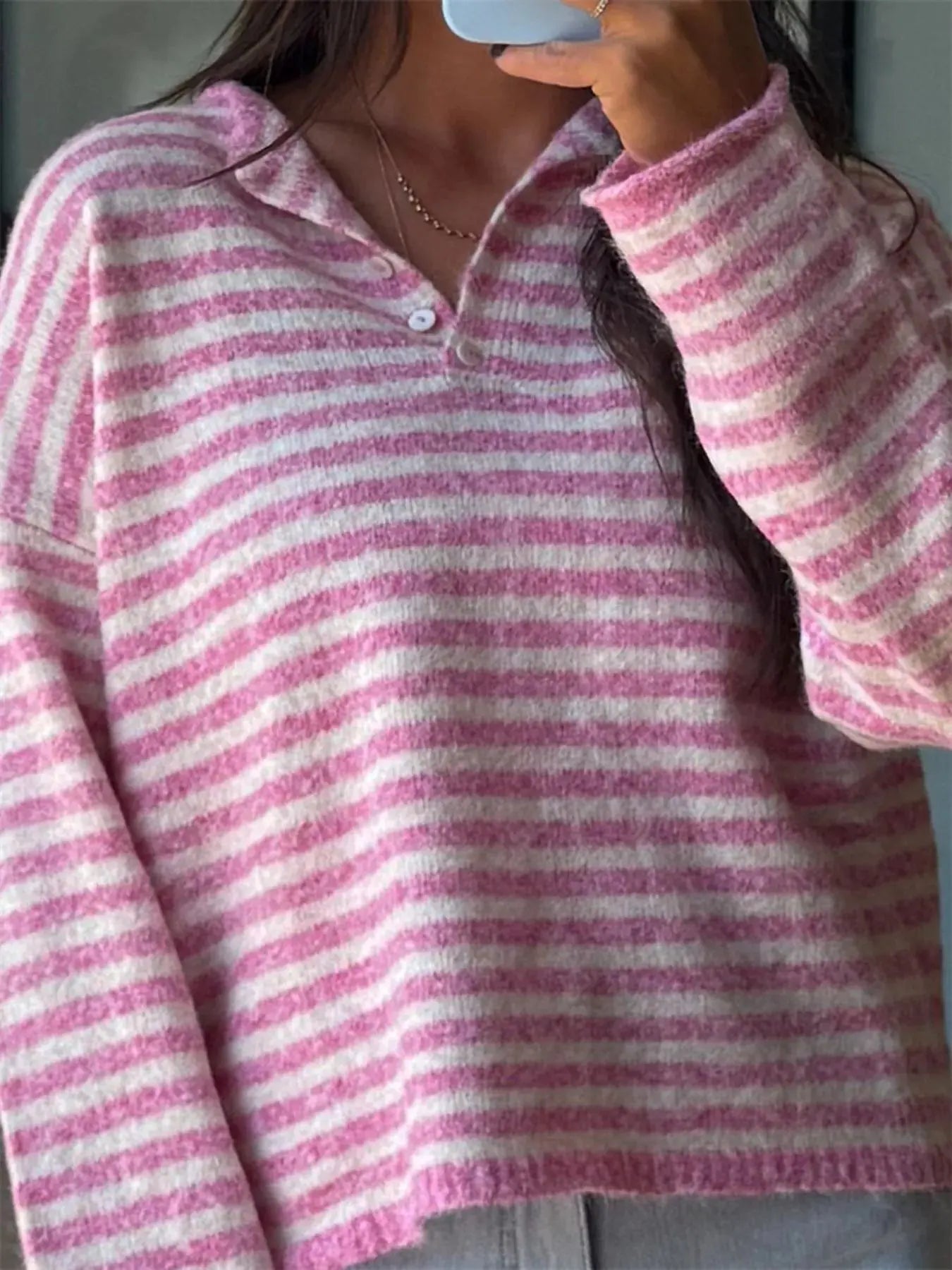 Button Detail Dropped Shoulder Striped Sweater Simply Love