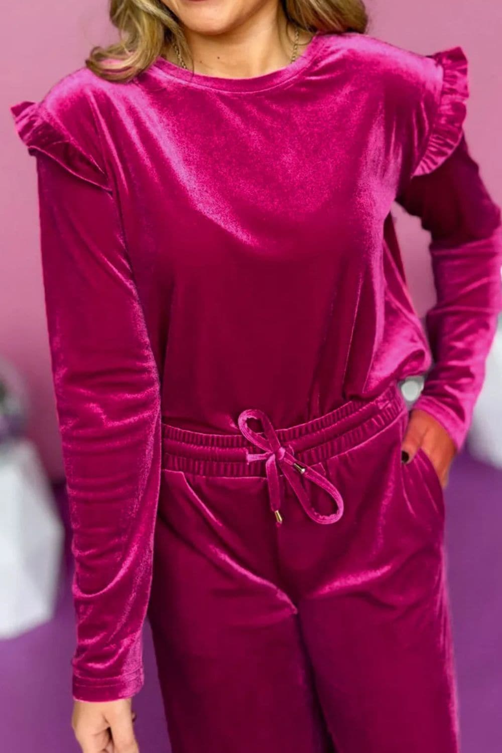 Velvet loungewear set with ruffled details and drawstring pants