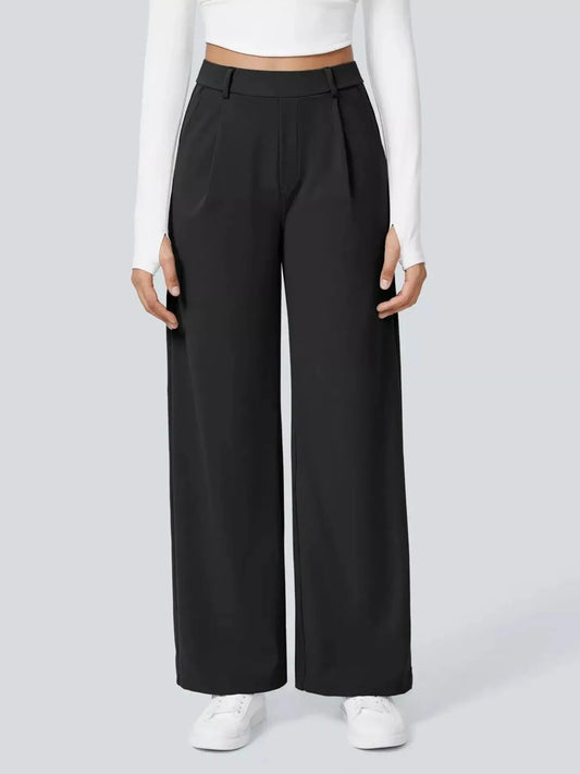 Pocketed Wide Leg Pants Women Polyester Spandex Black Simply Love