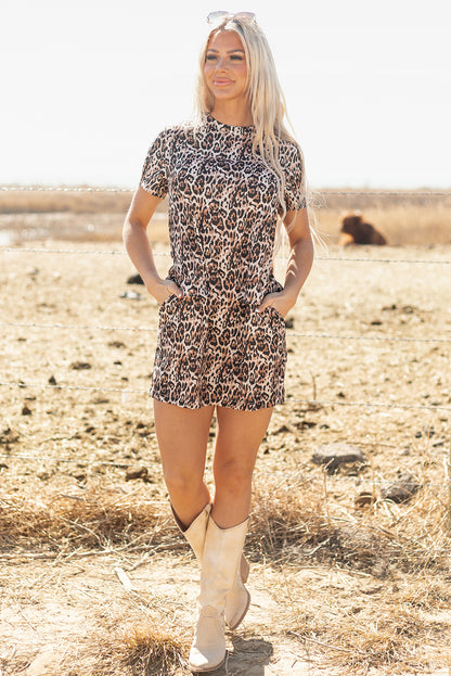 Chic Brown Leopard Print Shift Mini T-Shirt Dress with Crew Neck