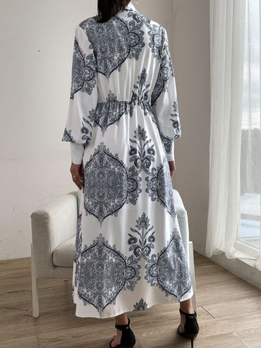 Printed Notched Lantern Sleeve Midi Dress