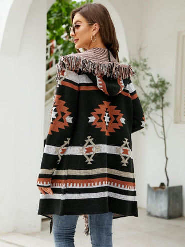 Fringe Geometric Hooded Long Sleeve Cardigan.