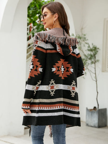 Fringe Geometric Hooded Long Sleeve Cardigan.