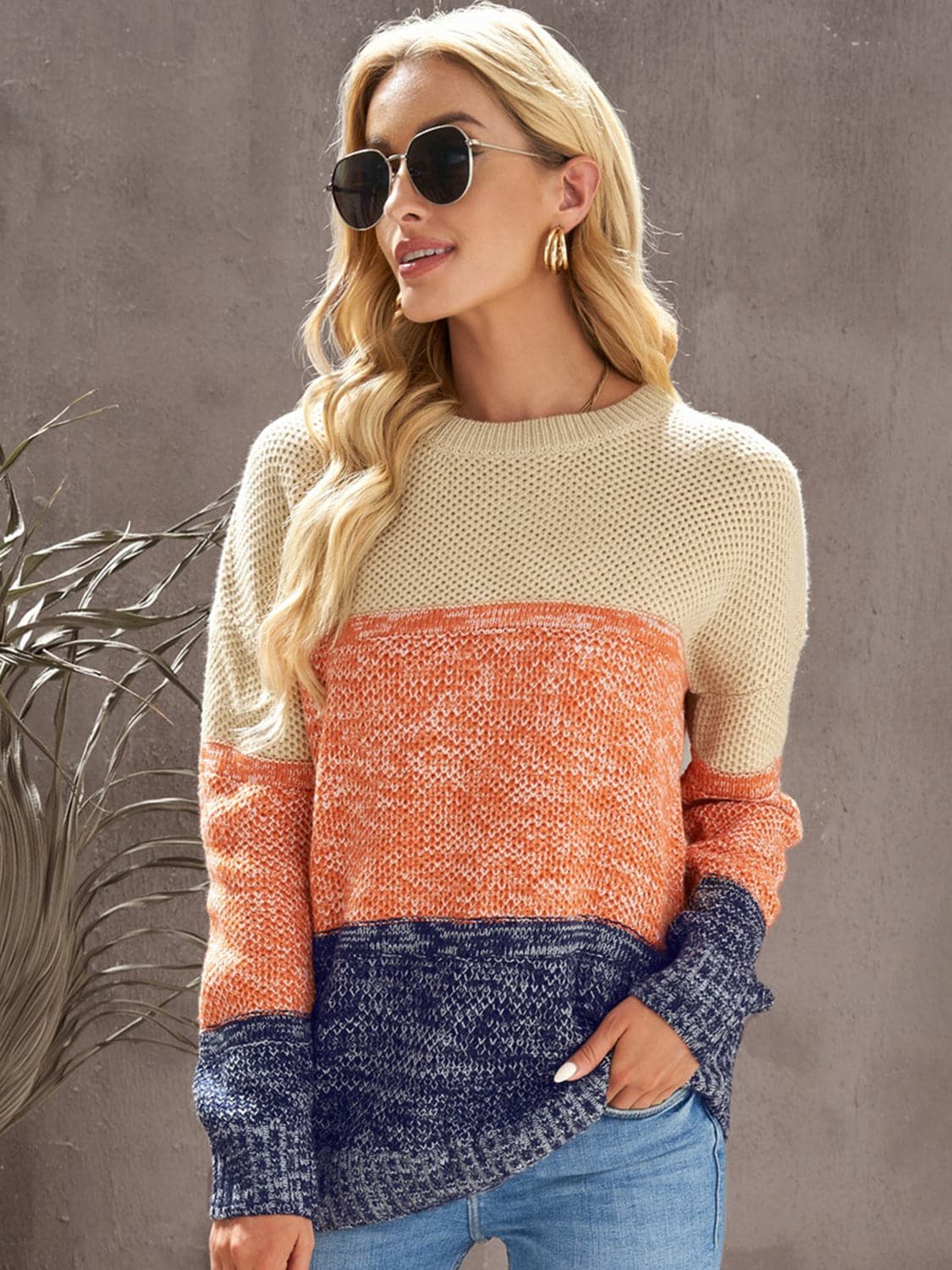 Color Block Dropped Shoulder Sweater.