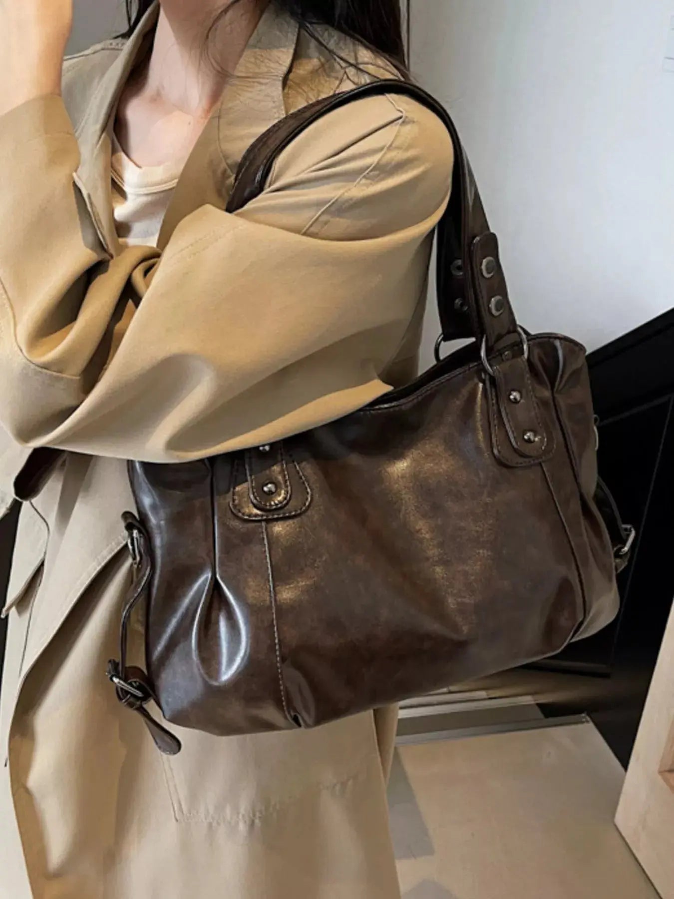 Vintage Style PU Leather Handbag Large Tote With Shoulder Straps Simply Love