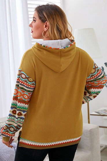 Camel Aztec patchwork sleeve plus-size hoodie with drawstring detail