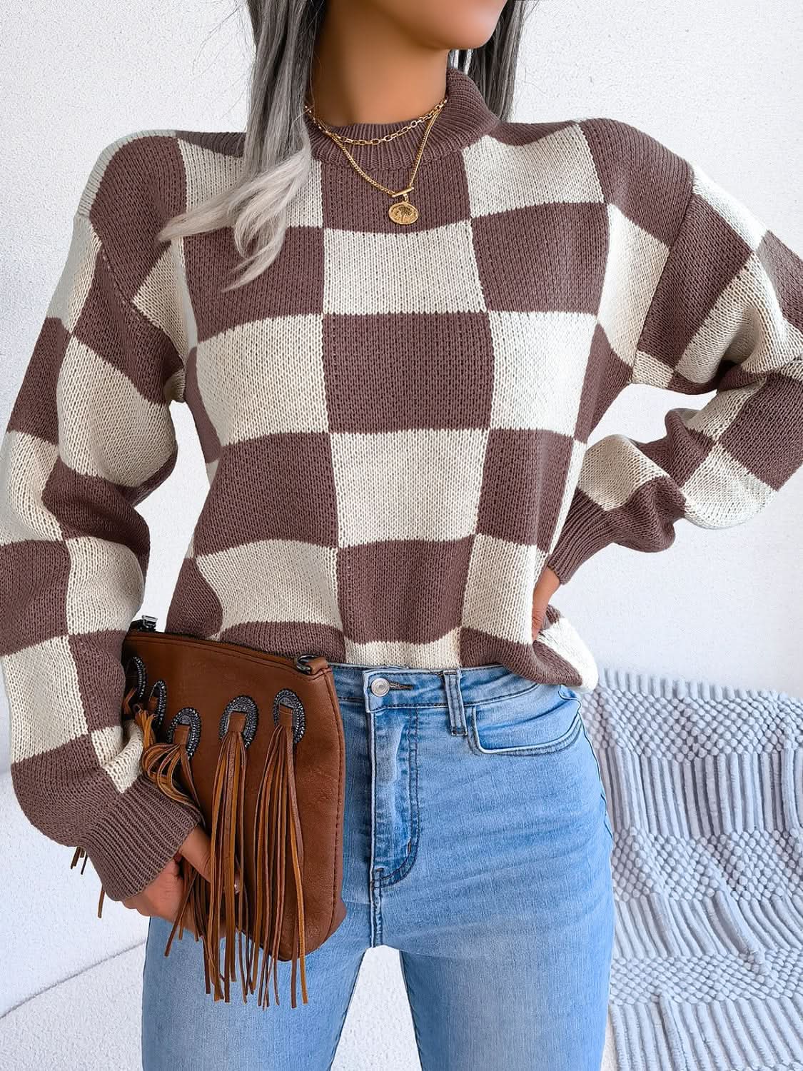 Checkered Mock Neck Long Sleeve Sweater - Love Salve 