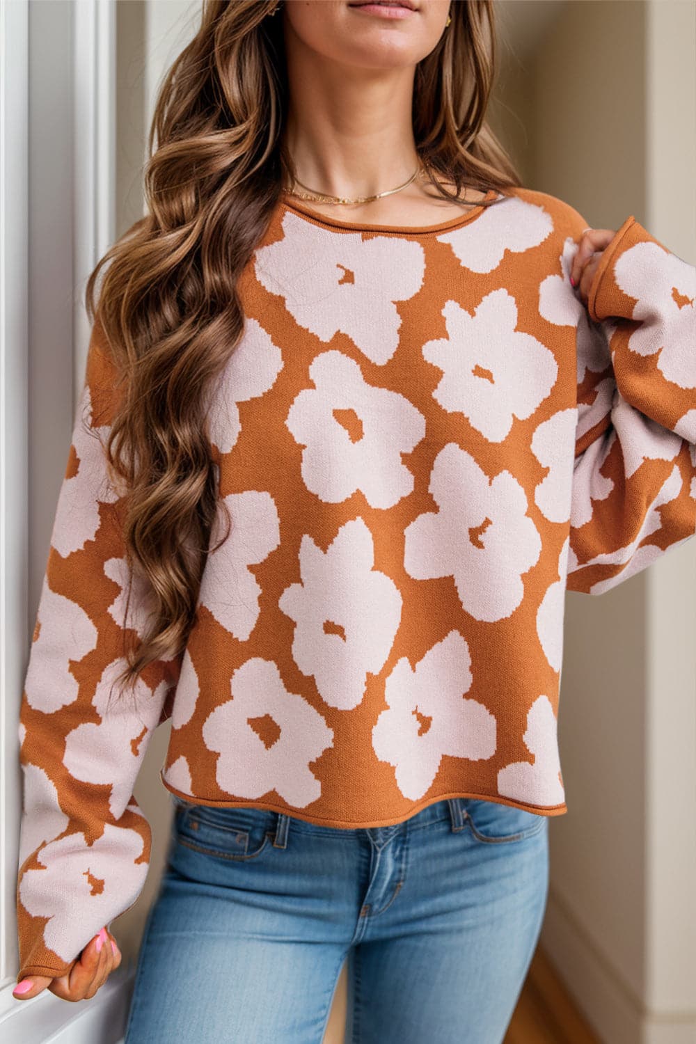 Flower Round Neck Long Sleeve Knit Top.