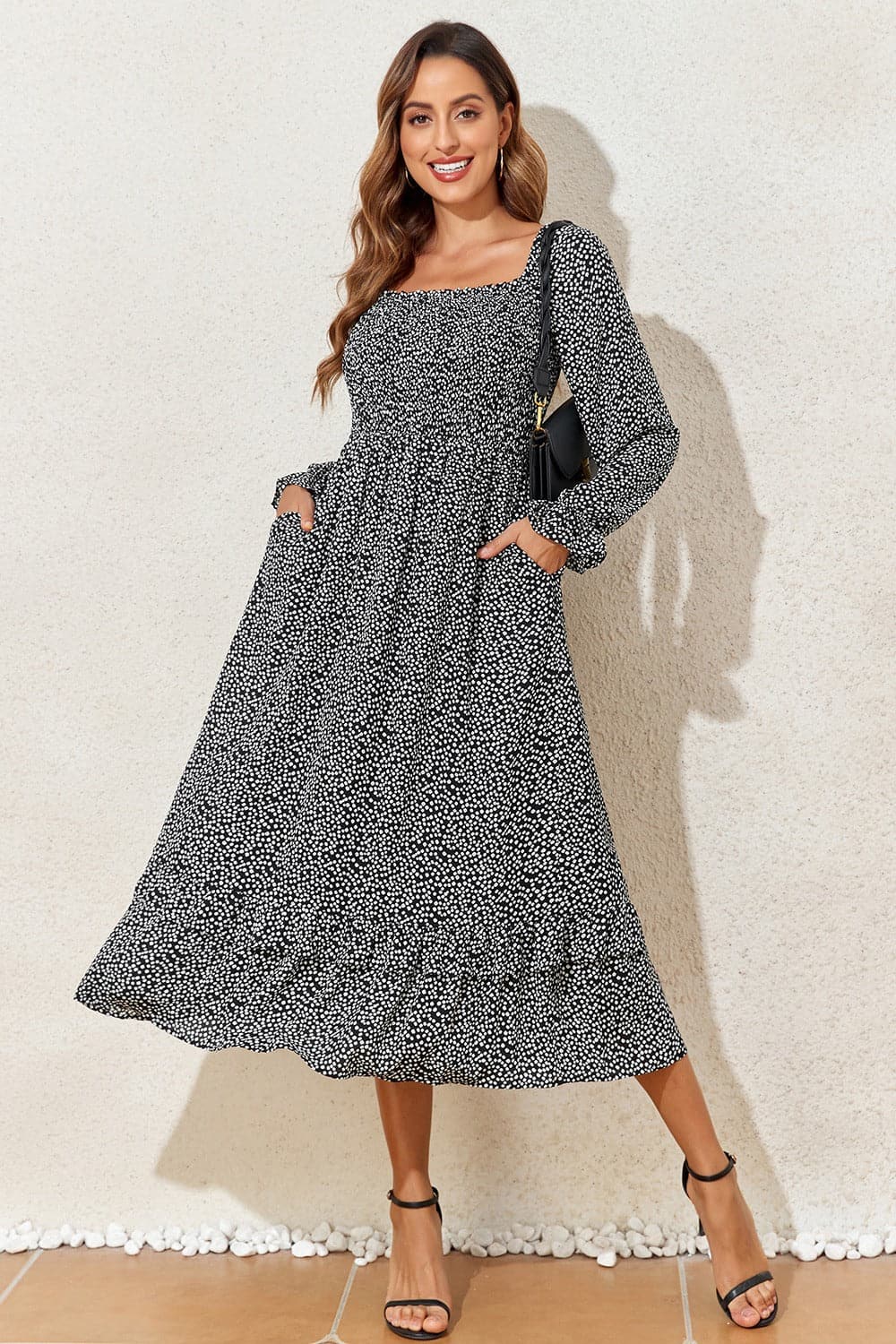 Printed Square Neck Long Sleeve Midi Dress.