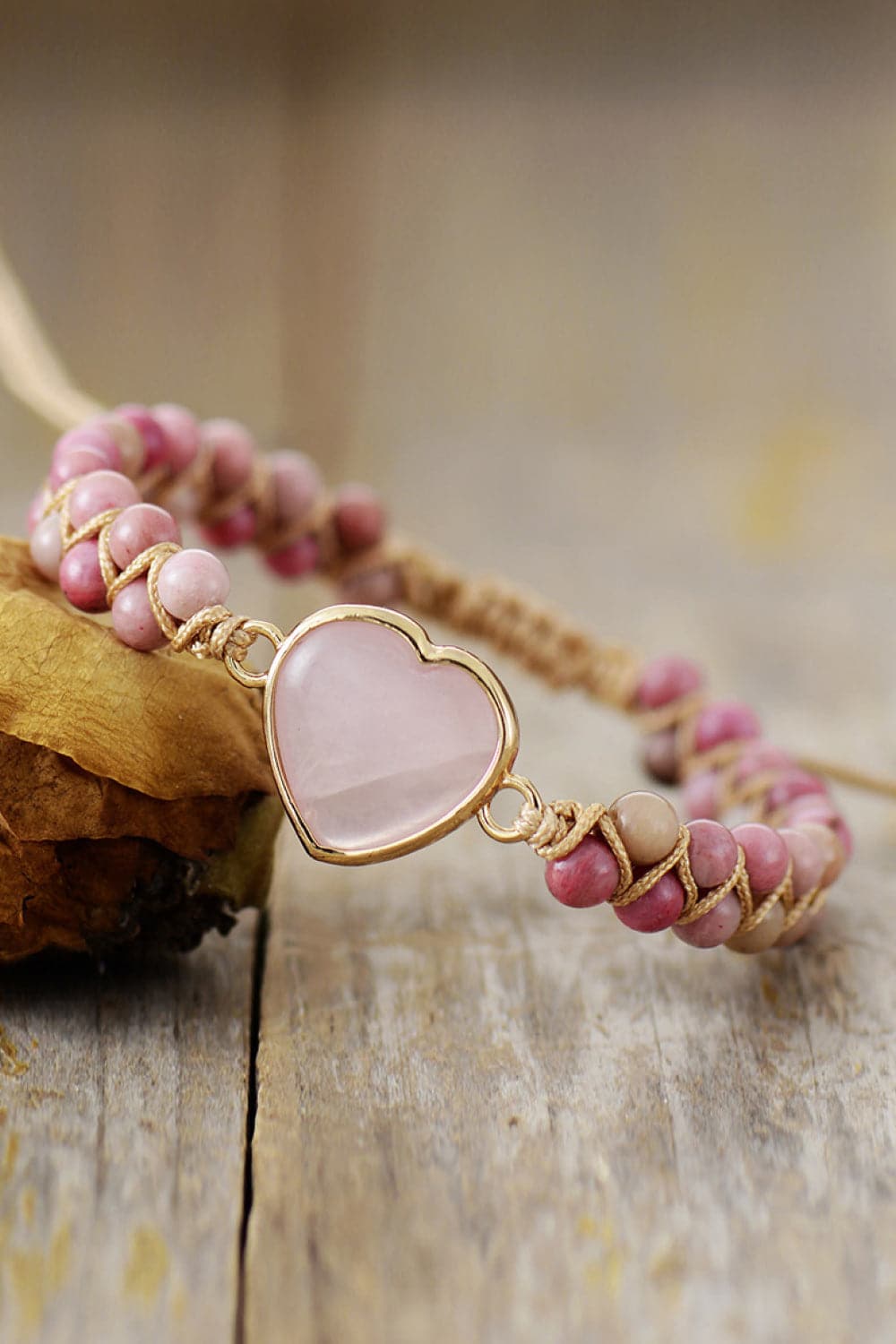 Rose Quartz Heart Beaded Bracelet.