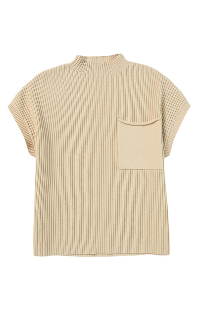 Chic oatmeal ribbed knit sweater with patch pocket