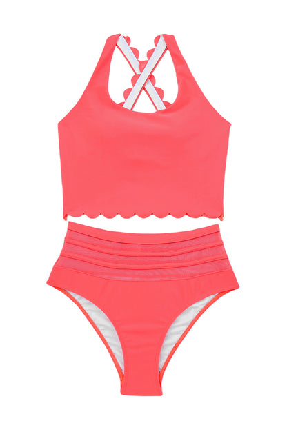 Chic pink scalloped high waist criss-cross bikini