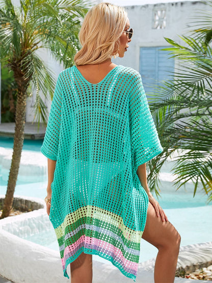 Slit Openwork V-Neck Half Sleeve Cover-Up.