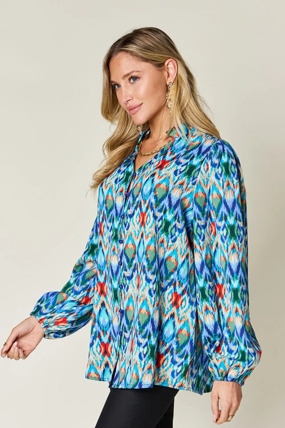 Double Take Full Size Printed Balloon Sleeve Blouse - Love Salve
