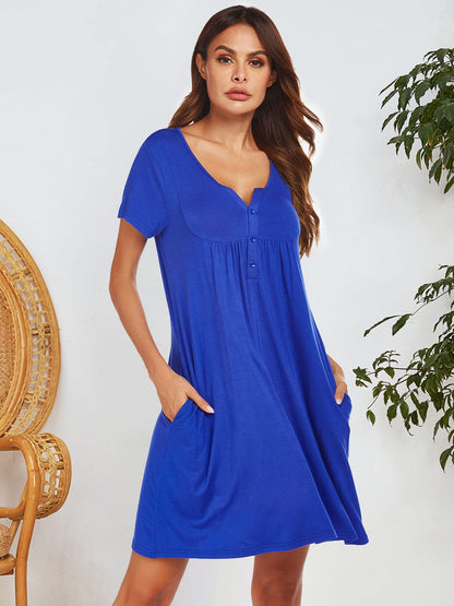 Notched Short Sleeve Mini Lounge Dress.