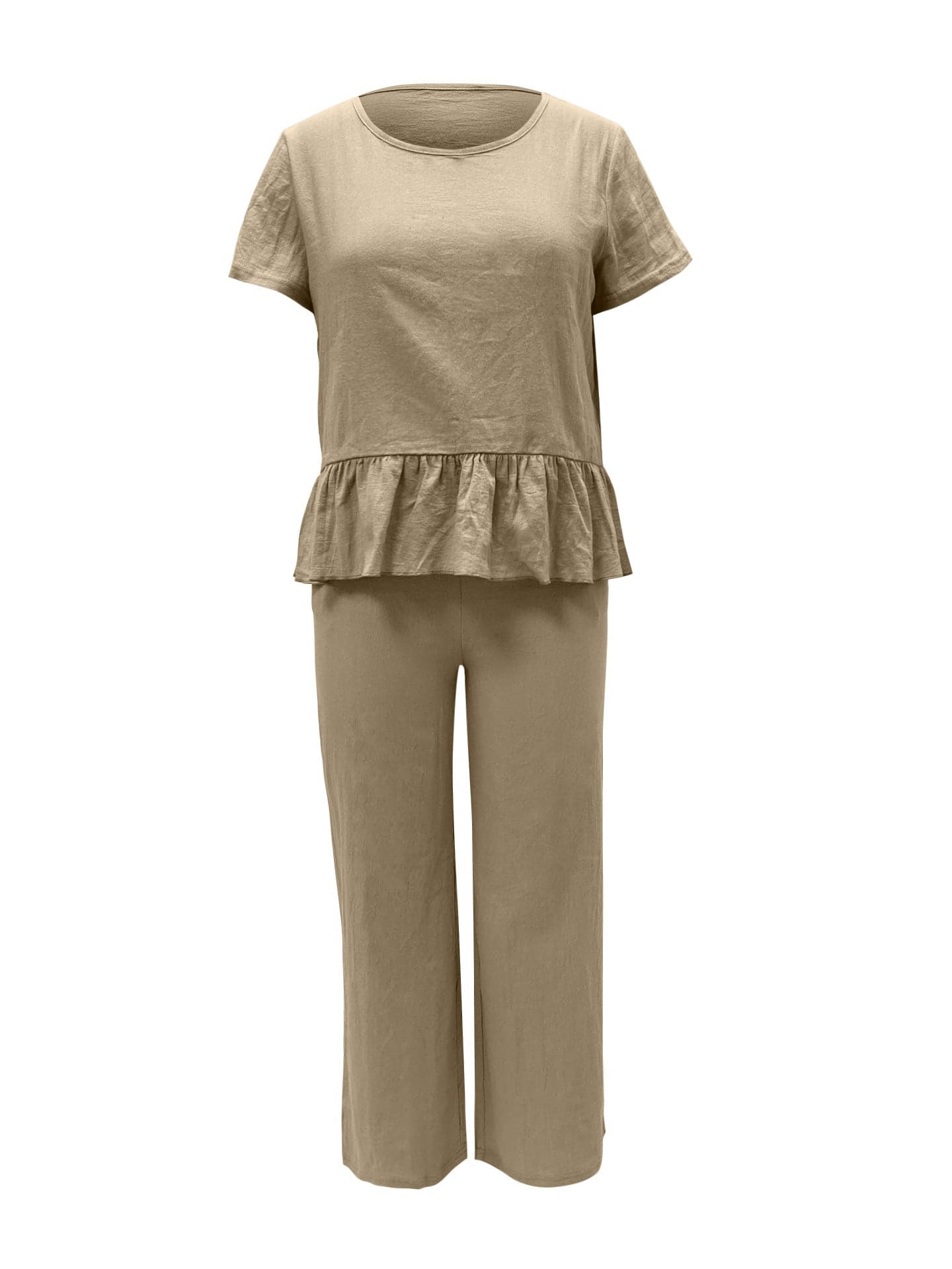 Peplum Round Neck Short Sleeve Top and Pants Set.