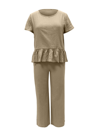 Peplum Round Neck Short Sleeve Top and Pants Set.