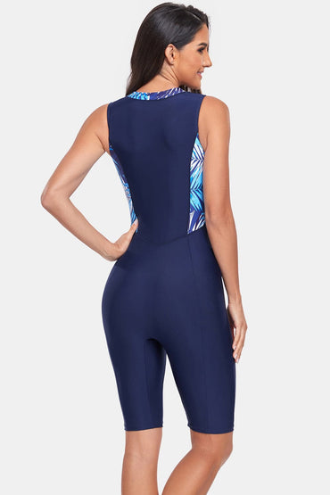 Printed Half Zip Sleeveless One Piece Swimwear.