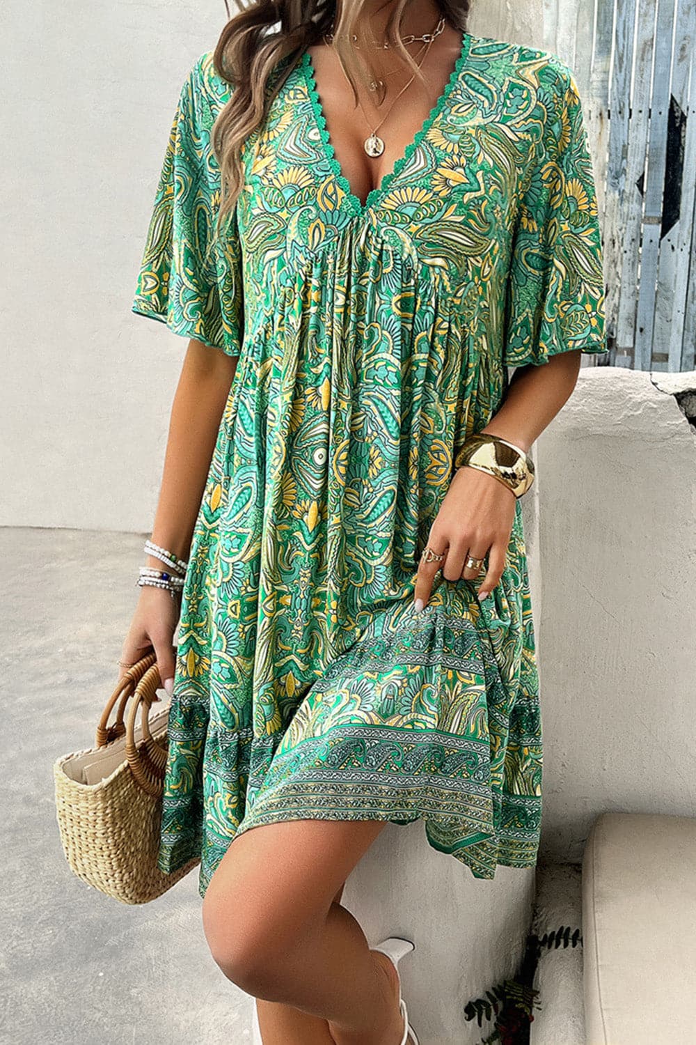 Printed V-Neck Half Sleeve Mini Dress.