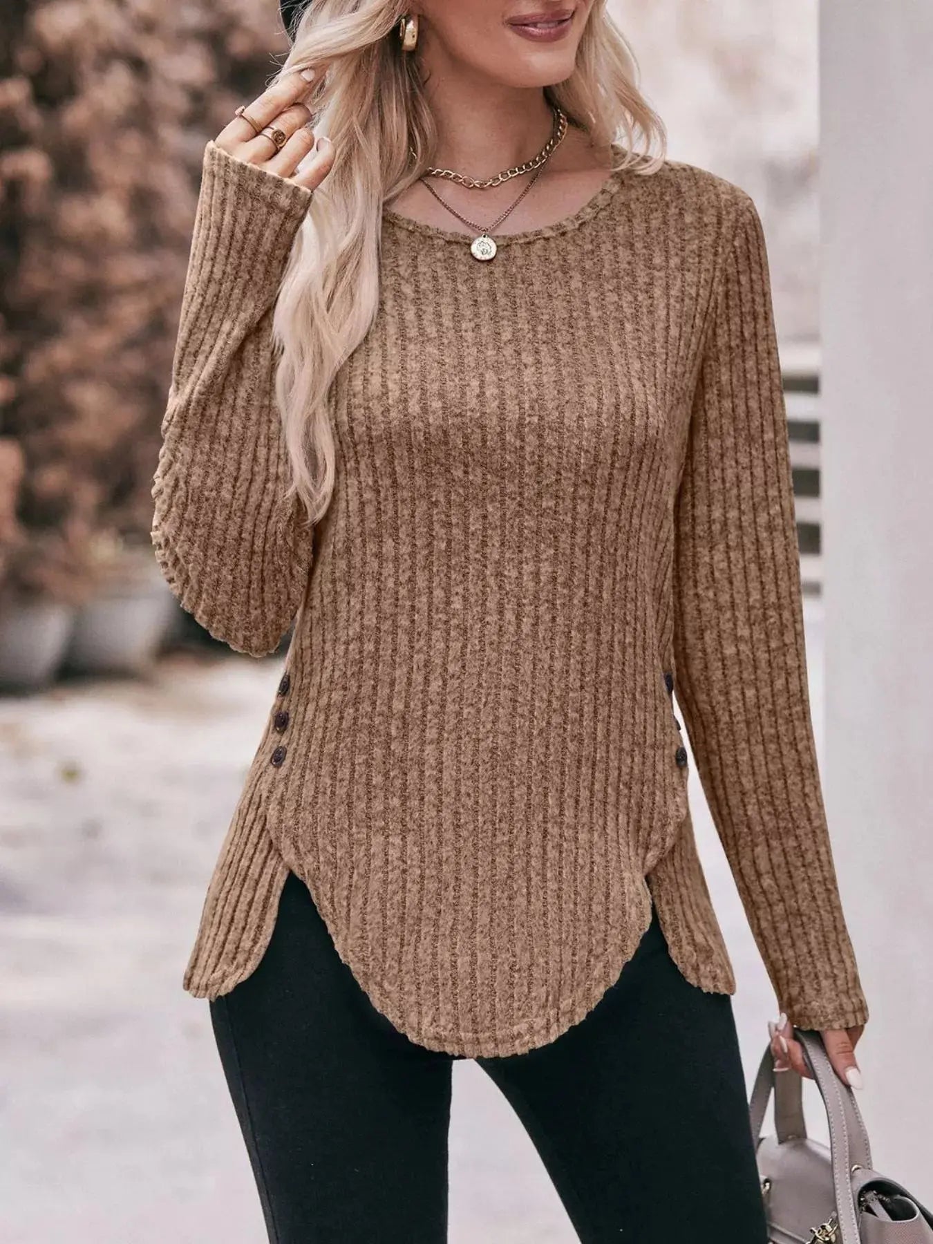 Ribbed Knit Long Sleeve T-Shirt Simply Love