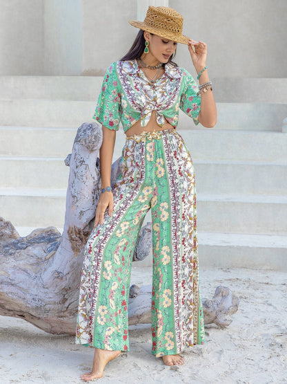 Printed Half Sleeve Top and Wide Leg Pants Set.