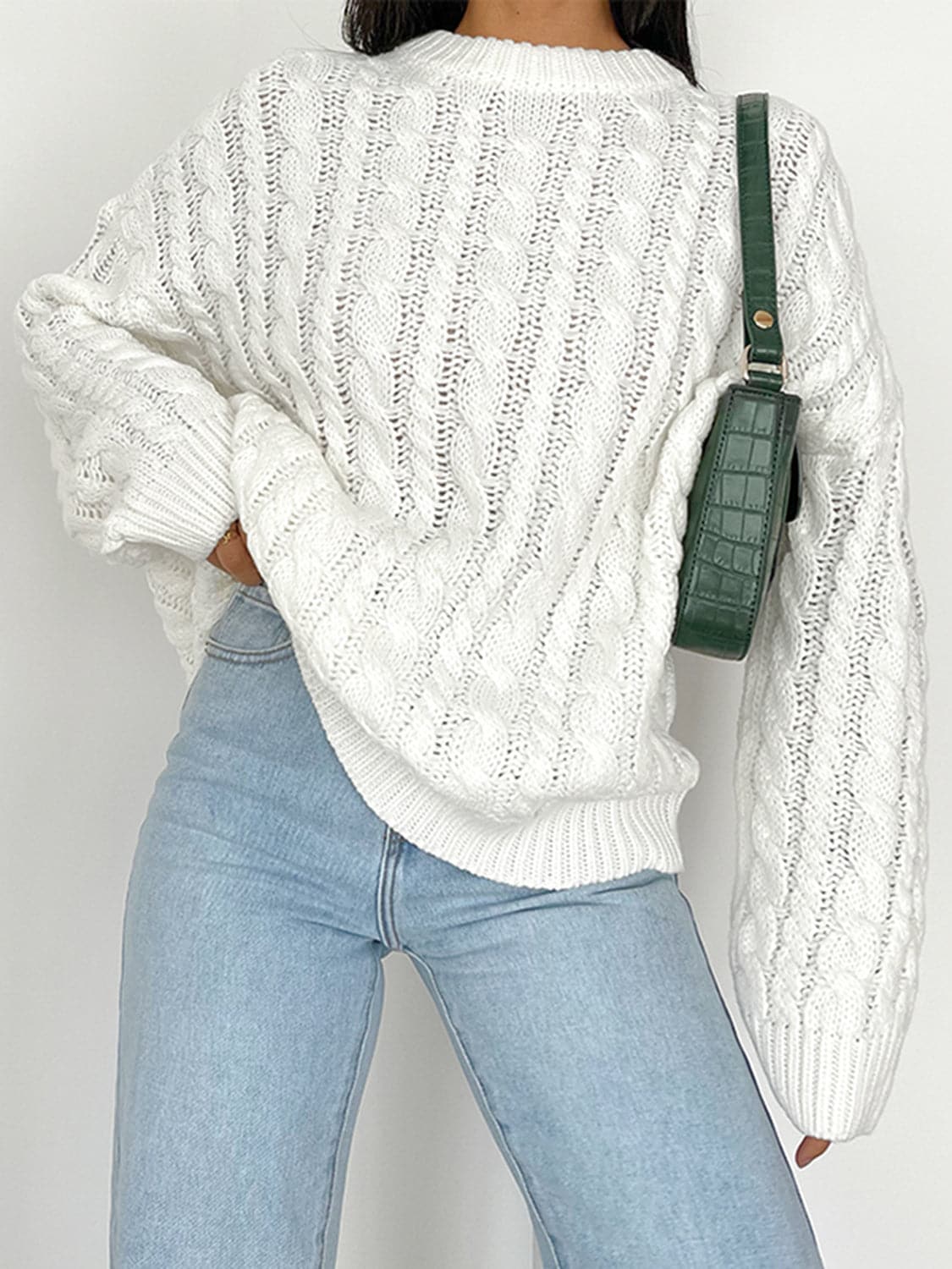 Openwork Round Sleeve Cable-Knit Sweater.