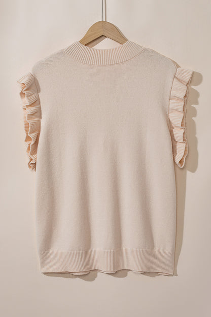 Chic oatmeal cable knit mock neck sweater with ruffled sleeves