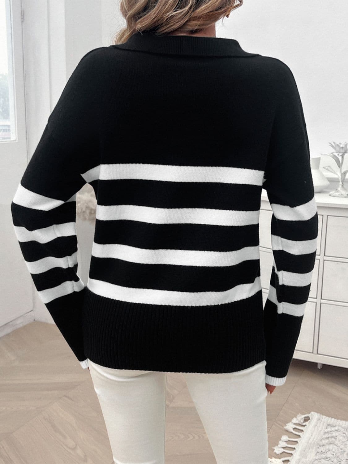 Striped Collared Neck Long Sleeve Sweater.