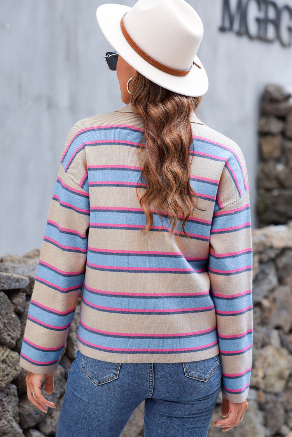 Apricot Striped V-Neck Collared Oversized Sweater with Drop Shoulders