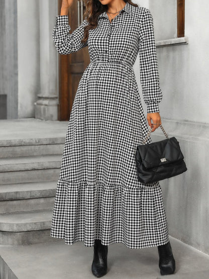 Ruffle Hem Plaid Long Sleeve Dress.