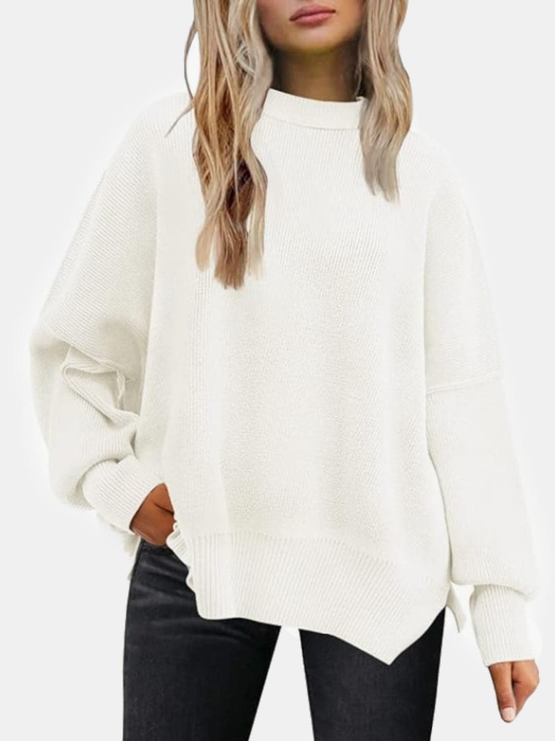 Round Neck Drop Shoulder Slit Sweater.