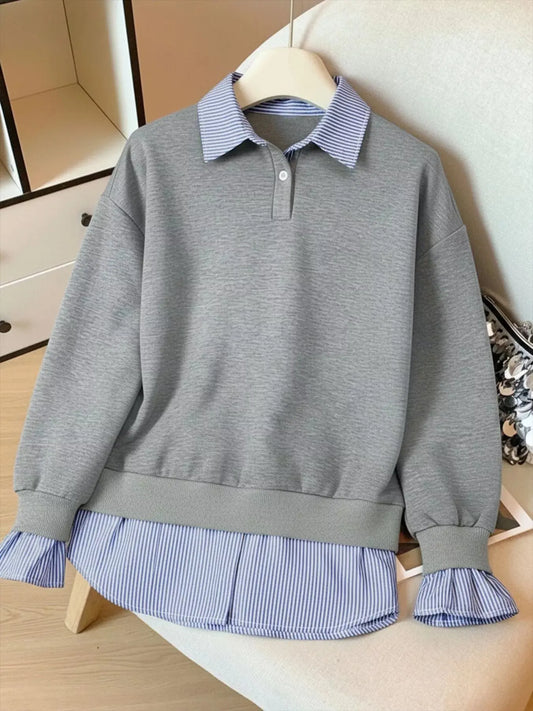 Striped Collar Long Sleeve Fake Two Piece Sweatshirt Simply Love