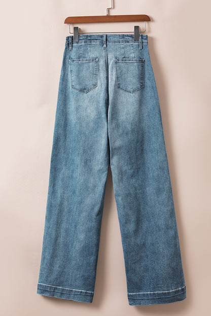 Dusk blue high-waisted loose leg jeans with unique button details