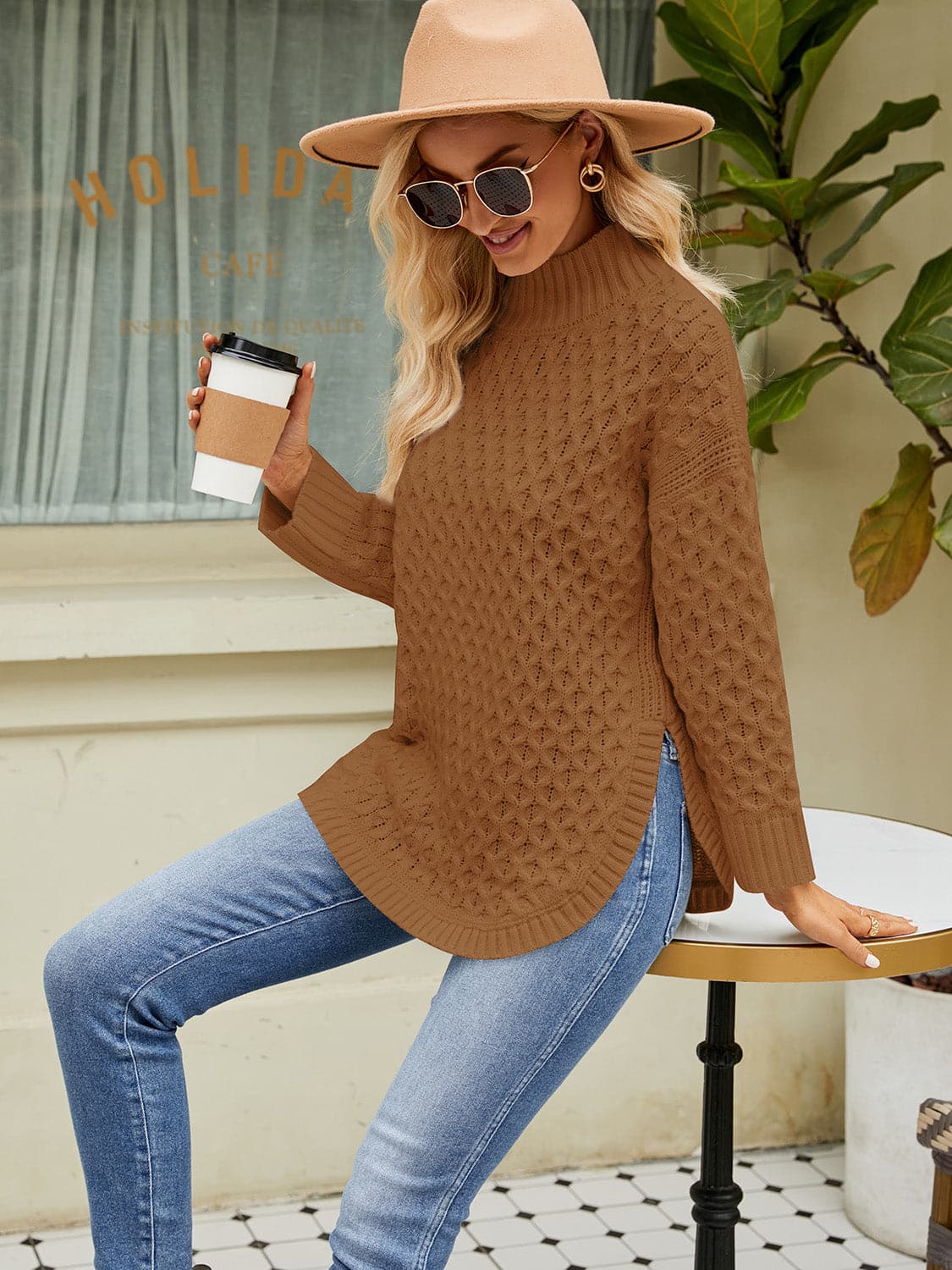 Mock Neck Slit Sweater.